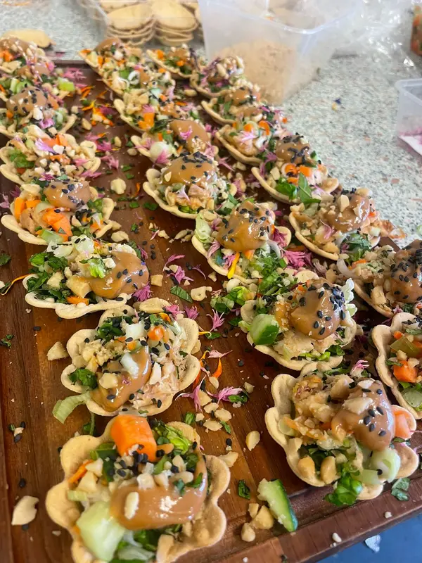Elegant canape tarts prepared by Belinda's Bakery catering