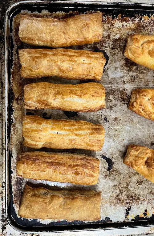 Golden freshly baked sausage rolls